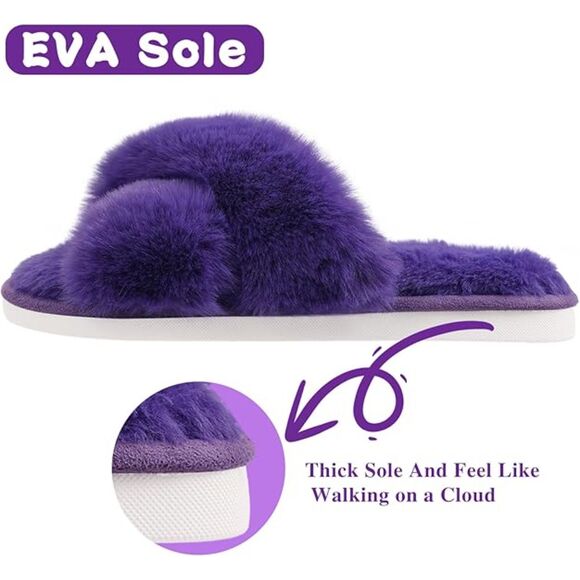 Women's Fuzzy Slippers Cross Band Purple Memory Foam House Slippers Open Toe - Picture 5 of 6